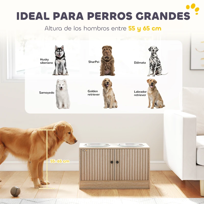 PawHut Comedero Perro Elevado con 2 Cuencos de Acero Inoxidable 2x2000 ml con Comedero Lento Almacenamiento Oculto Roble
