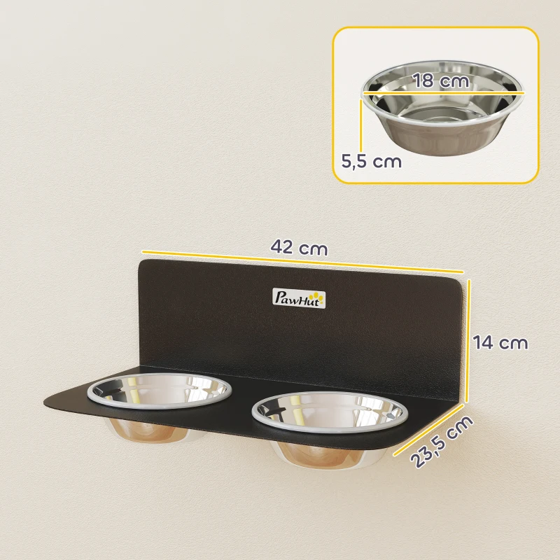 PawHut Comedero para perros ajustable en altura comedero de pared con 2 x 800 ml cuencos de acero inoxidable 42 x 23,5 x 14 cm Negro