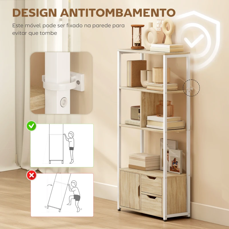 HOMCOM Estante para Livros com Armário e 2 Gavetas de Armazenamento para Escritório Sala de Estar 58x24x122 cm Madeira e Branco