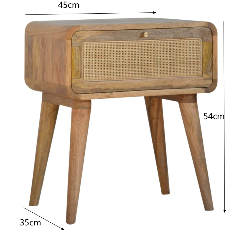 100% Solid Mango Wood Bedside Table with Rattan-Front Drawer and Spacious Storage, Desk with Slim Nordic Legs, 35x45x54 cm, Brown