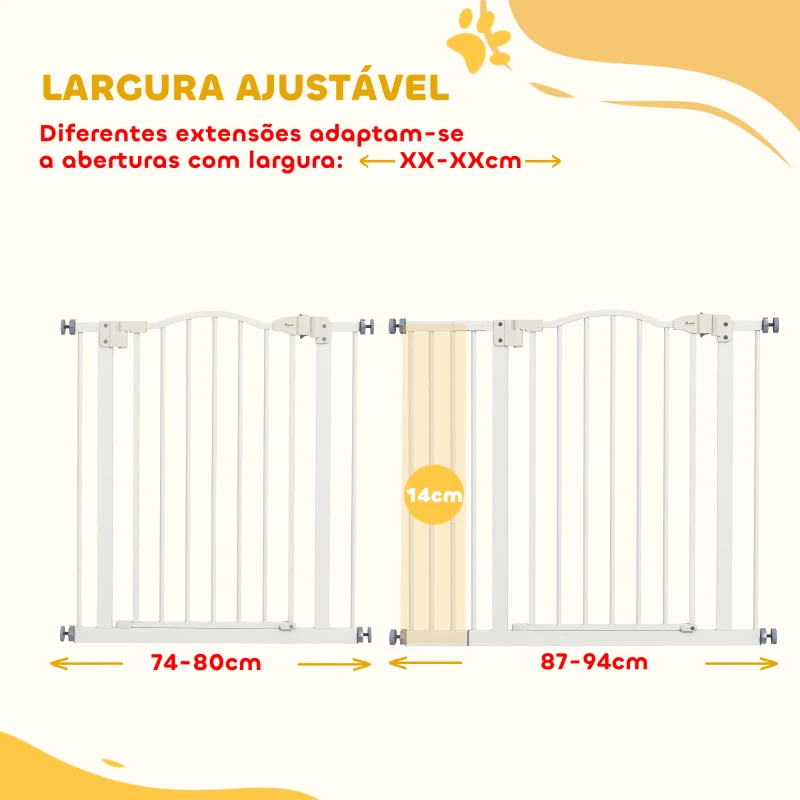 PawHut Barreira de Segurança para Cães com Largura Ajustável 74-94 cm e Extensão para Escadas e Portas Branco