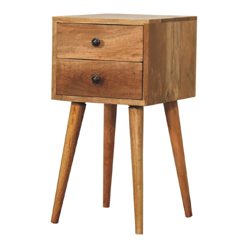 Solid Mango Wood Mini Bedside Table with 2 Smooth-Gliding Drawers, Hand-finished Desk with Grain Pattern, 30L x 30W x 57H cm, Brown