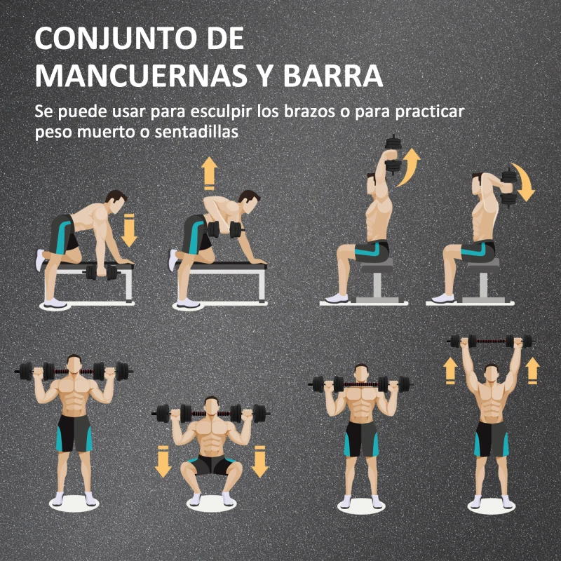 HOMCOM Juego de Mancuernas Ajustables 20 kg 2 en 1 con Barras Conexión y Barra de Extensión para Gimnasio en Casa Negro