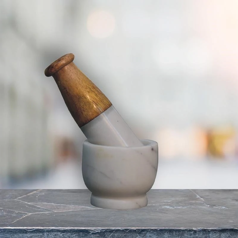 Small Marble Pestle and Mortar with Handcrafted Wood, Compact Kitchen Accessory Set with Marble Blend, 7L x 7W x 6H cm, Brown+White
