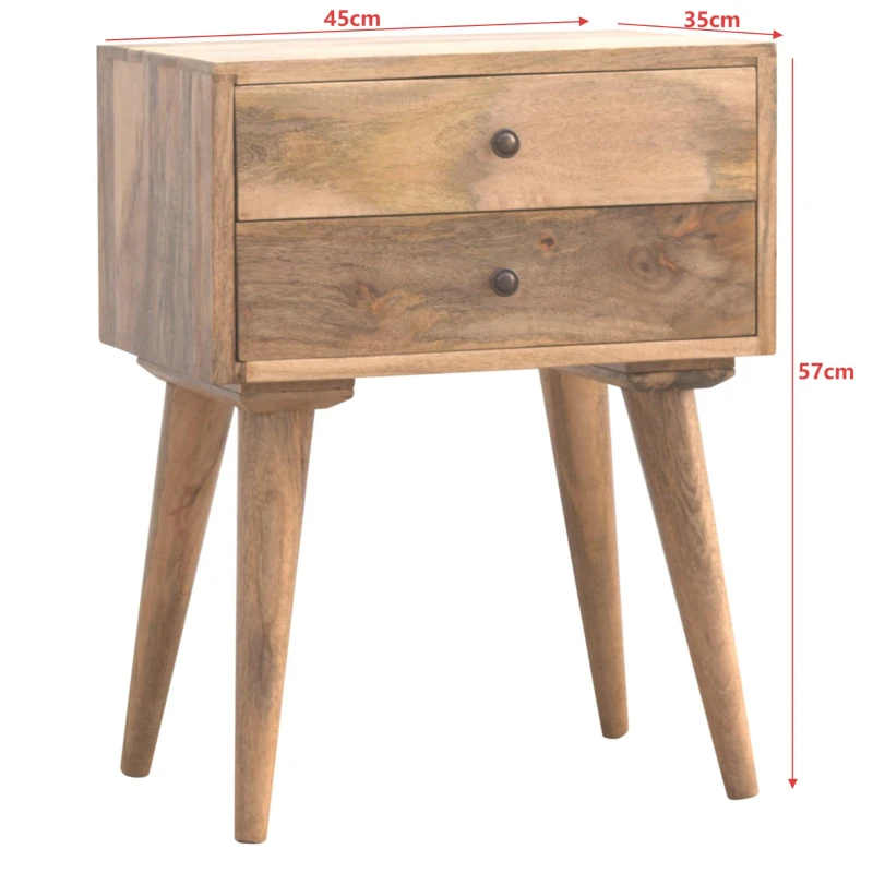 Solid Mango Wood Bedside Table with Nordic Legs and Clear Natural Finish, Bedside Cabinet with 2 Drawers, 35L x 45W x 57H cm, Brown