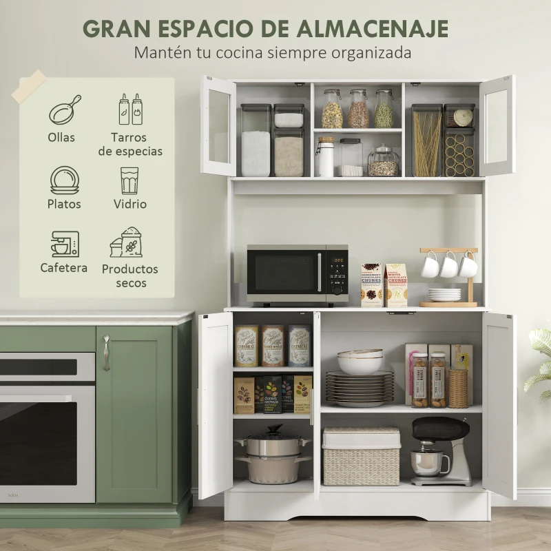 HOMCOM Alacena de Cocina con 2 Puertas de Vidrio Encimera Amplia para Microondas Estantes Ajustables Blanco