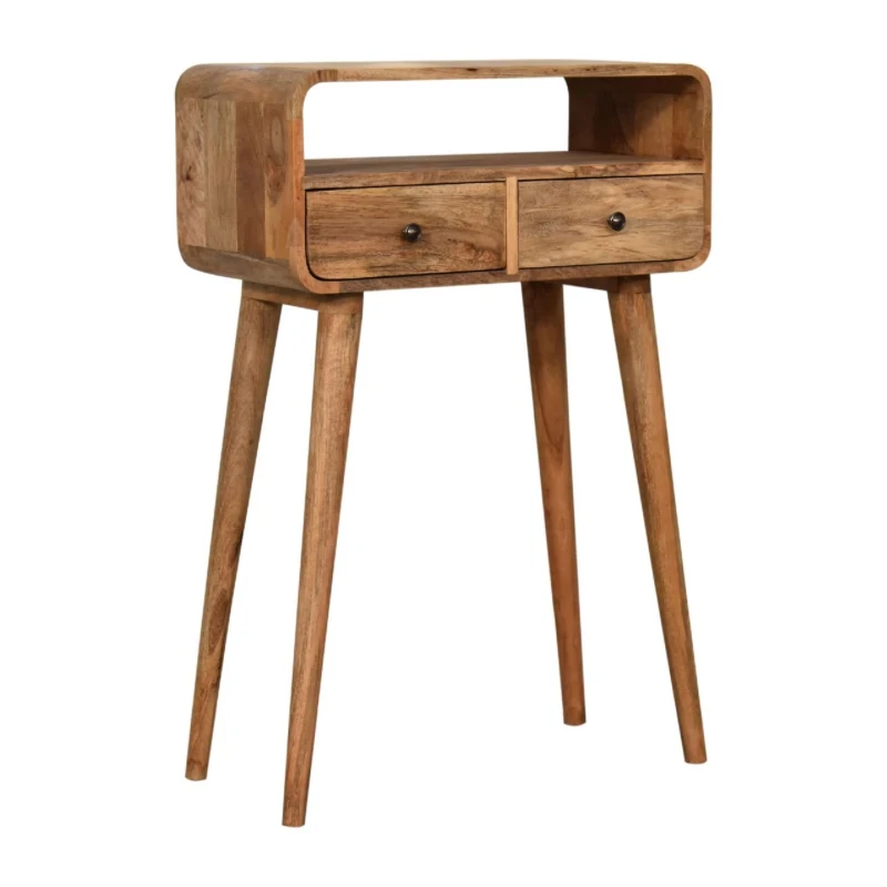Solid Mango Wood Mini Curved Console Table with 2 Drawers and Open Slot, Bedside Cabinet with Clear Natural Finish, 30L x 60W x 90H cm, Brown