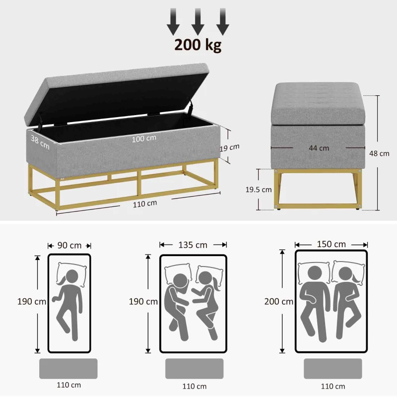 HOMCOM Banqueta con Almacenamiento Banco Rectangular Tapizado en Lino con Tapa Abatible y Patas de Acero 110x44x48 cm Beige