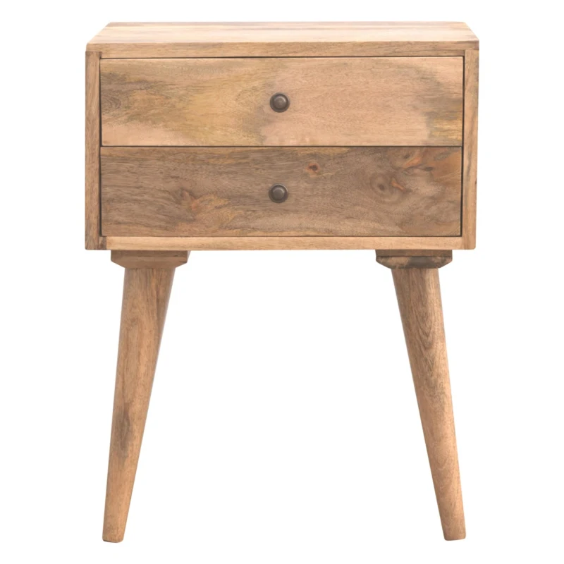 Solid Mango Wood Bedside Table with Nordic Legs and Clear Natural Finish, Bedside Cabinet with 2 Drawers, 35L x 45W x 57H cm, Brown