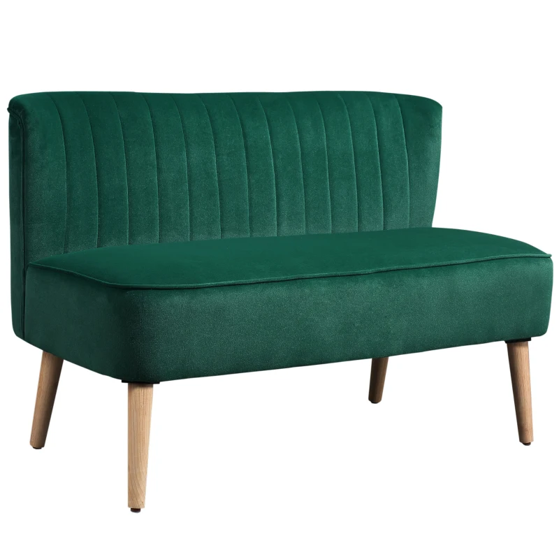 HOMCOM Canapea design retro 2 locuri, picioare din lemn, 117 cm x 56,5 cm x 77 cm, Verde închis