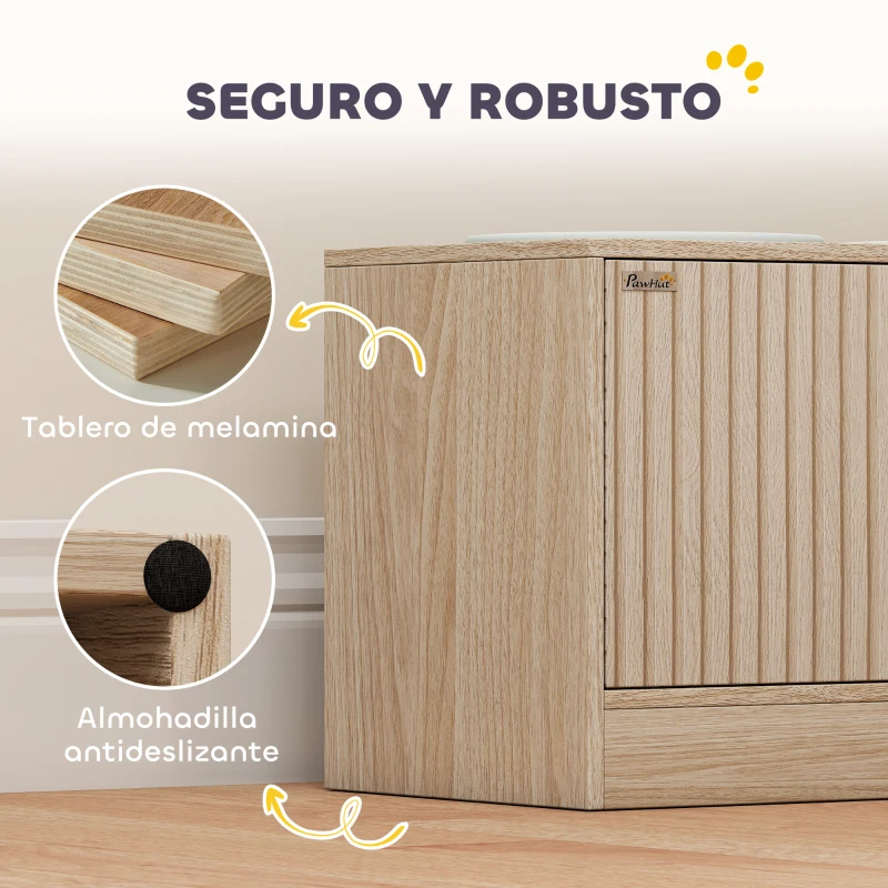 PawHut Comedero Perro Elevado con 2 Cuencos de Acero Inoxidable 2x2000 ml con Comedero Lento Almacenamiento Oculto Roble