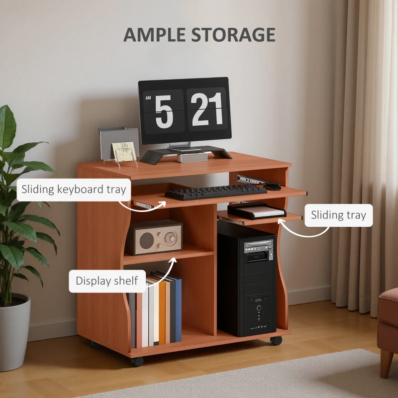 HOMCOM Multi-Storage Compact Work Desk, with Wheels - Cherry Wood Colour