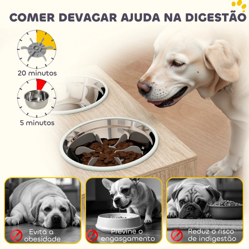 PawHut Comedouro Elevado para Cães com 2 Tigelas de Aço Inoxidável 2x2000 ml e Armazenamento Oculto 60x30x35,5 cm Carvalho