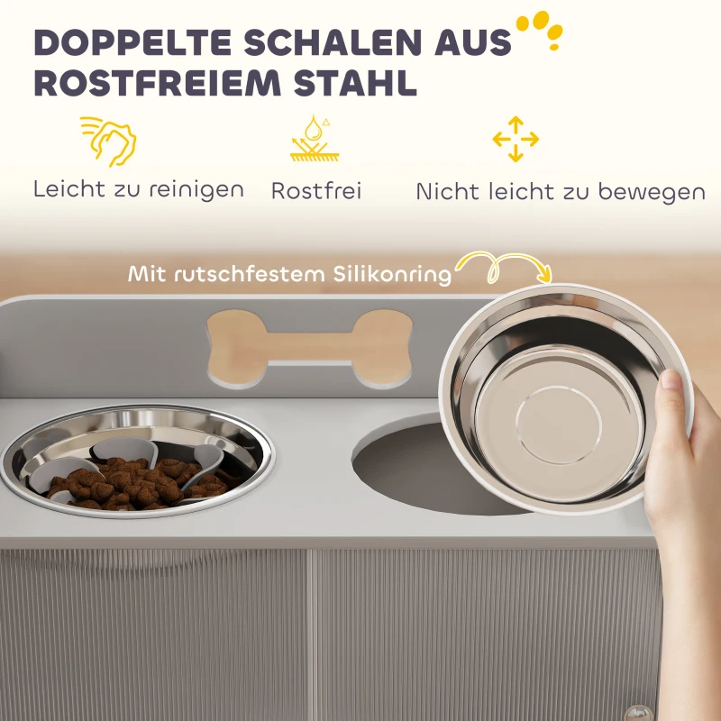 PawHut Erhöhte Futterstation mit 2 Näpfen und Schrank, MDF, Edelstahl, Knochenmuster, Grau