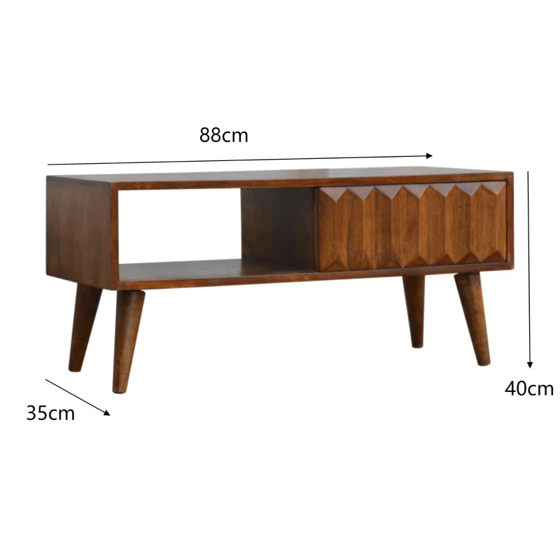 Solid Mango Wood Media Unit with Sliding Door and Open Slot Storage, Hand-finished Table with Unique Grain, 35L x 88W x 40H cm, Brown