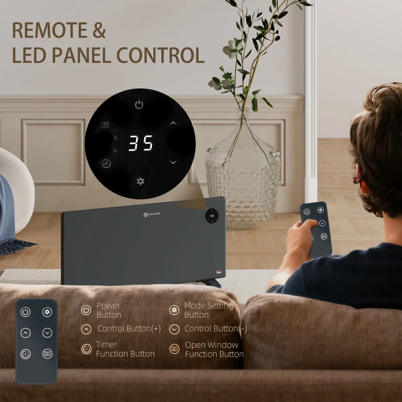 HOMCOM 2000W Electric Convector Heater, Freestanding or Wall Mounted, Space Heater with Adjustable Thermostat, Timer, Grey