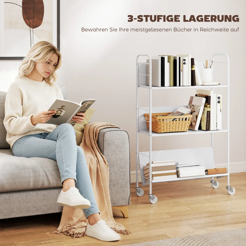 HOMCOM Bücherregal Aufbewahrungsregal mit 3 Ebenen, Rädern, Spielzeugregal für Schlafzimmer, 69 x 26 x 108 cm, Weiß