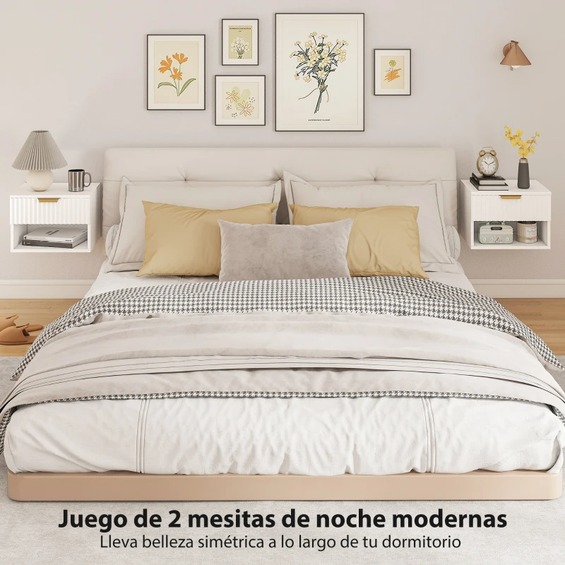 HOMCOM Juego de 2 Mesitas de Noche Flotantes con Cajón con Frente Acanalado y Estante Abierto 40x34x29 cm Blanco