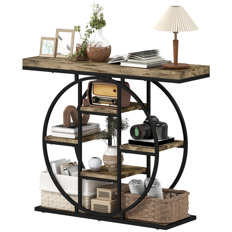 HOMCOM Industrial Console Table with Storage Shelves - Rustic Brown