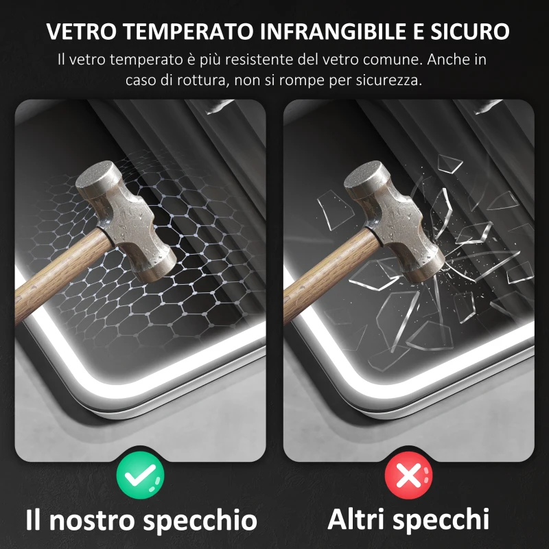 HOMCOM Specchio Bagno LED con Bluetooth, Illuminazione Regolabile e Funzione Memory, in Vetro Temperato, 70x50x3.5 cm