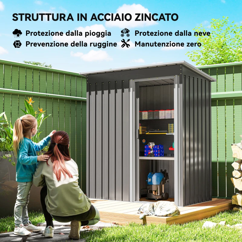 Outsunny Capanno Attrezzi con Tetto Inclinato e Porta Scorrevole, in Acciaio e PP, 163x89x182 cm, Grigio Chiaro