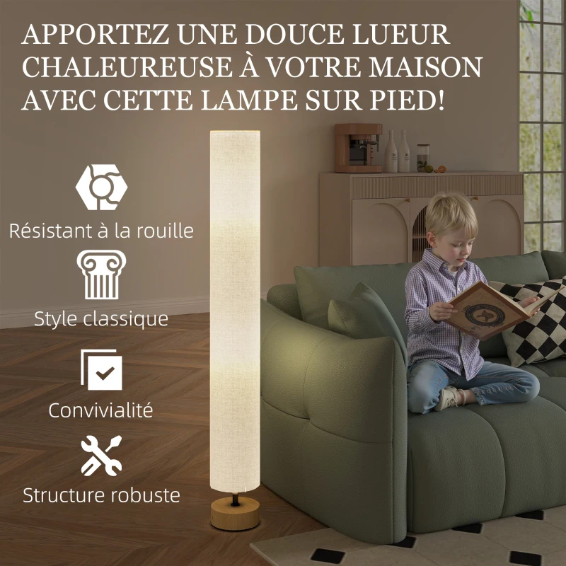 HOMCOM Lampadaire sur pied de salon avec abat-jour en lin, interrupteur à pied, 2 x douille E27, 120 cm, gris