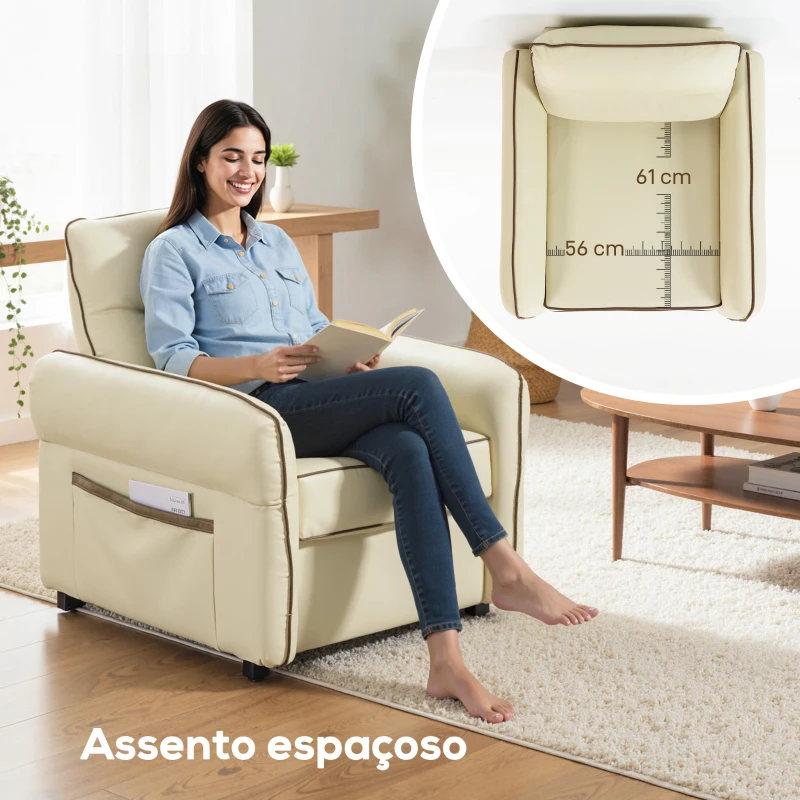 HOMCOM Poltrona Sala de Estar Estofada em Couro Sintético Poltrona Relax Moderna com Assento Largo Acolchoado Espesso 80x81x90 cm Bege