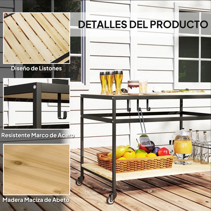 Outsunny Camarera con Ruedas de Madera con 2 Estantes 3 Ganchos Encimera de Listones y Asa 107x65x80 cm Natural