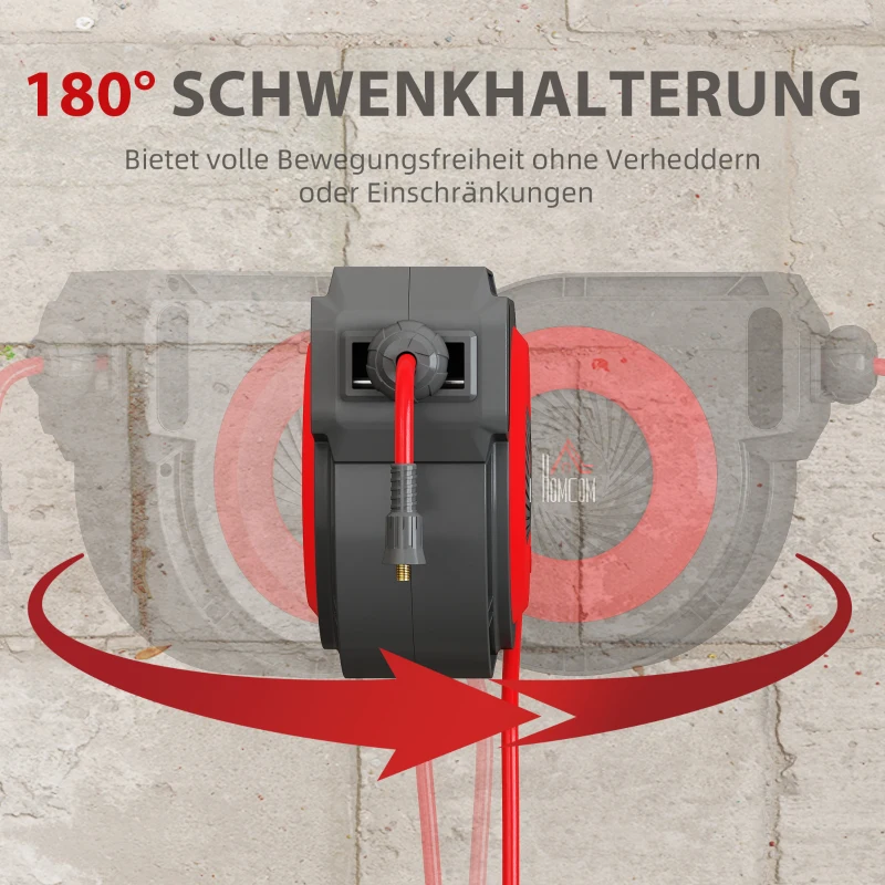 HOMCOM Schlauchtrommel mit Einzugs-Mechanismus, 16,5 m langer Schlauch, Wandmontage, Rot+Schwarz