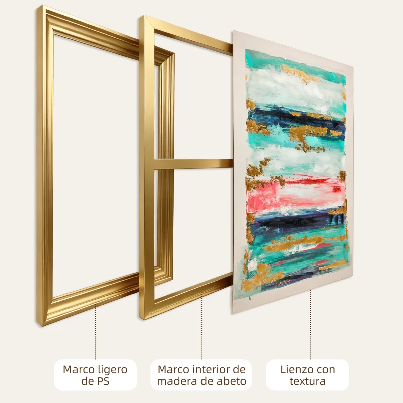 HOMCOM Cuadro en Lienzo Abstracto a Mano 120x80 cm Cuadro para Decoración de Salón Moderno con Marco de Madera Multicolor