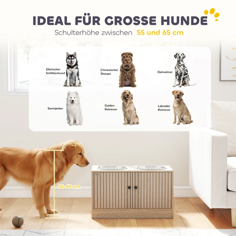 PawHut Hundefutterstation mit 2 Edelstahl-Näpfen, Schrank für Utensilien, für große Hunde, Zubehör, Holz