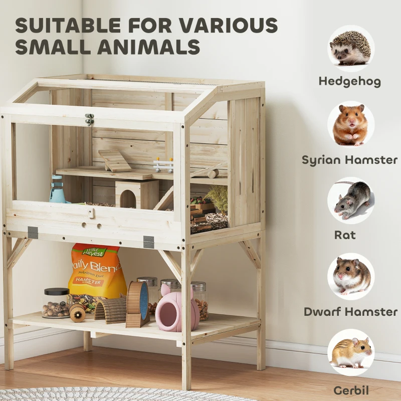 PawHut Hamster cage, 2 levels, small pet cage with storage compartment, accessories, 84 x 53 x 110 cm, Natural wood