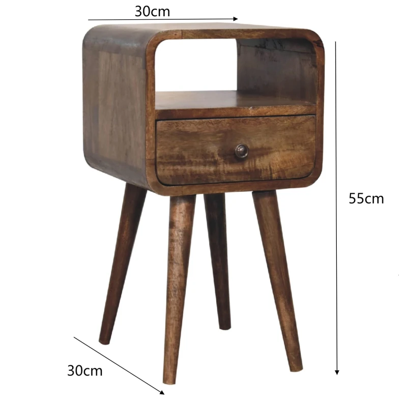 Solid Mango Wood Mini Curved Bedside Table with Drawer and Open Shelf, Desk with Aged Weathered Finish, 30L x 30W x 55H cm, Brown