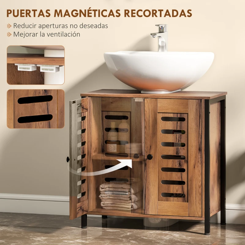 HOMCOM Mueble Bajo Lavabo Industrial 2 Puertas de Lamas con Cierre Magnético Estante Ajustable 60x30x60 cm Marrón Rústico