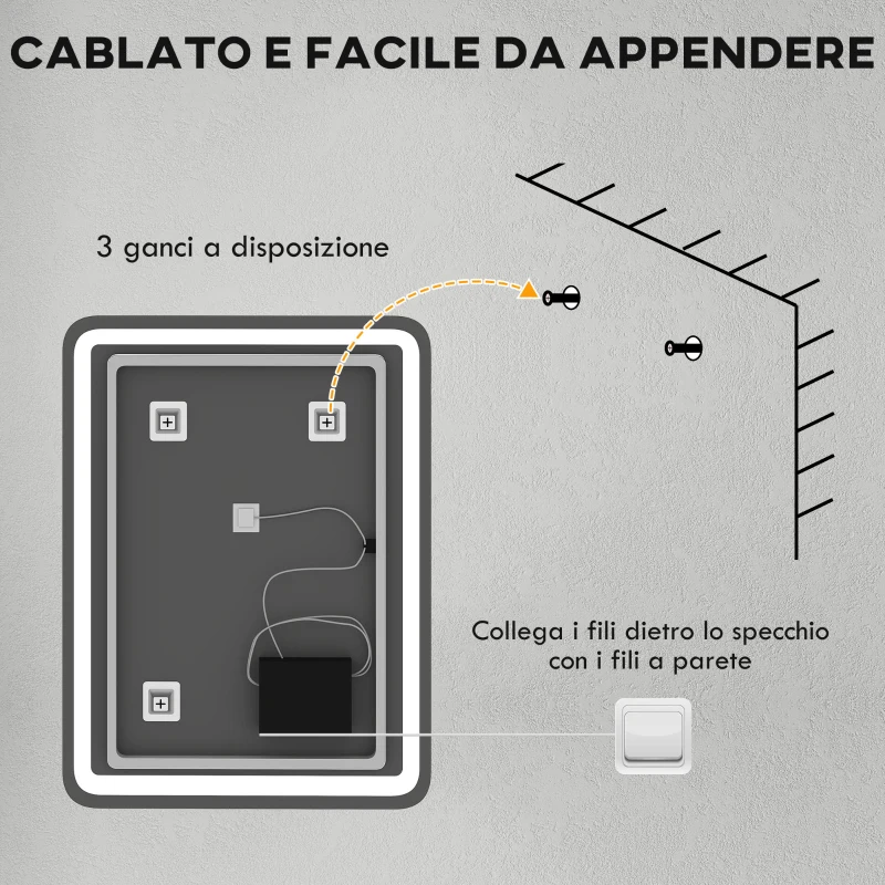 HOMCOM Specchio Bagno LED Touch con Luce Dimmerabile, a 3 Temperature e Antiappannamento, 60x80 cm