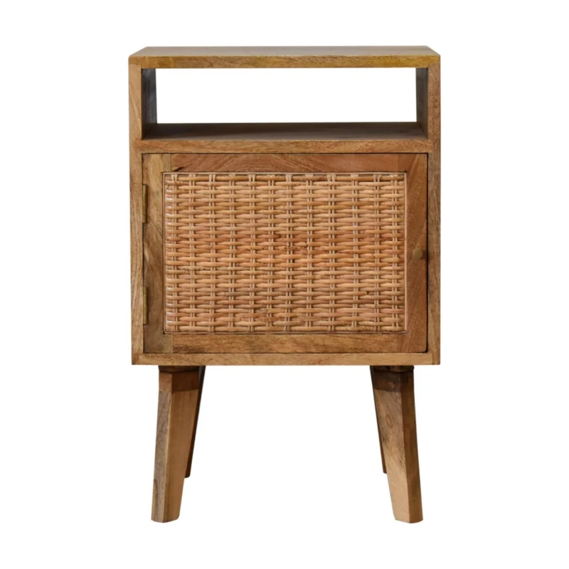 Solid Wood Handcrafted Bedside Table with Knitted Fabric Door and Open Slot, Desk with Cotton-blend Panel, 35L x 40W x 60H cm, Brown