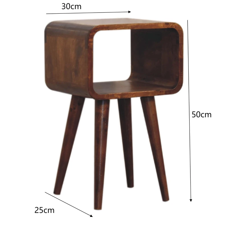 100% Solid Mango Wood Mini Curved Nightstand with Open Shelf and Stain-Based Finish, Table for Bedroom, 25L x 30W x 50H cm, Brown