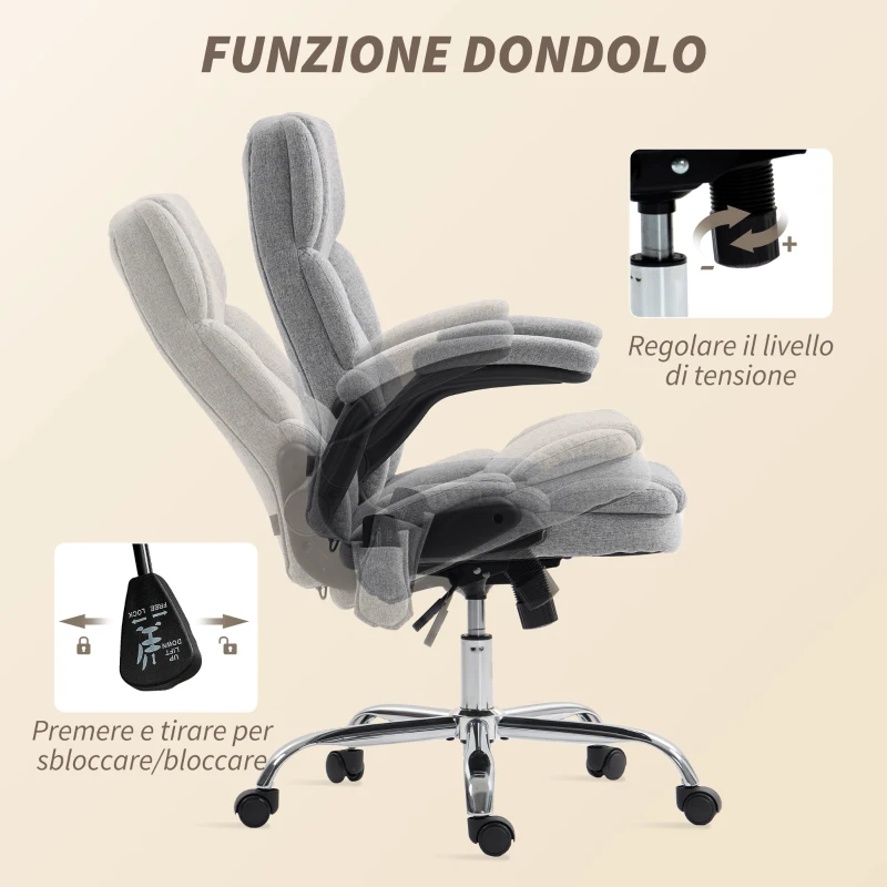 HOMCOM Poltrona da Ufficio Massaggiante a 4 Punti con Riscaldamento e Braccioli Ribaltabili, Grigio