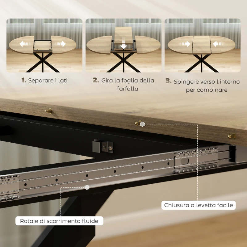 HOMCOM Tavolo da Pranzo Industriale per 4-6 Persone con Ribalta Rotonda, in Legno e Acciaio, 135x100x75 cm