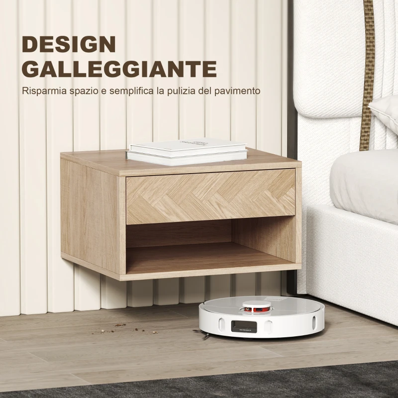 HOMCOM Set di 2 Comodini Sospesi Moderni con Cassetto e Vano Aperto, 37x32x21 cm, Legno Naturale
