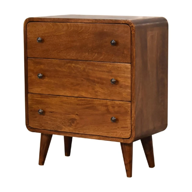 Solid Mango Wood Mini Curved Chest with 3 Drawers and Deep-Penetrating Stain Finish, Table for Bedroom, 30L x 55W x 65H cm, Brown