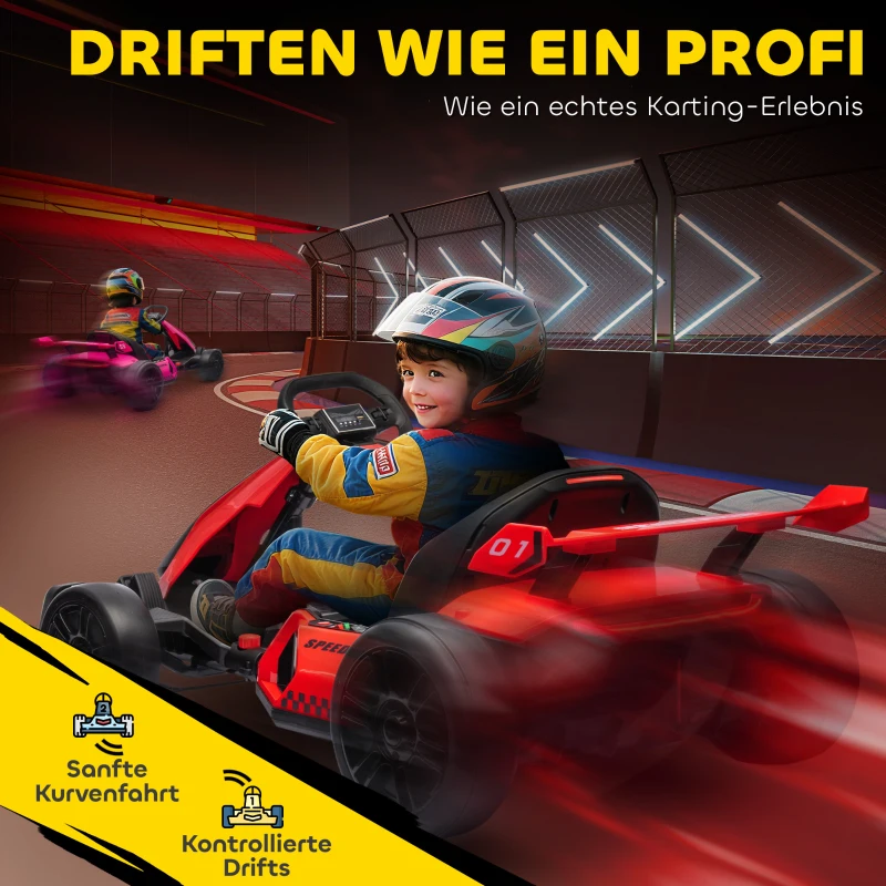 HOMCOM Go-Kart für Kinder, Elektro-Kart mit Hupe und Musikfunktion, verstellbarer Sitz, bis 12 km/h, Kunststoff, Metall, Rot(m-4)