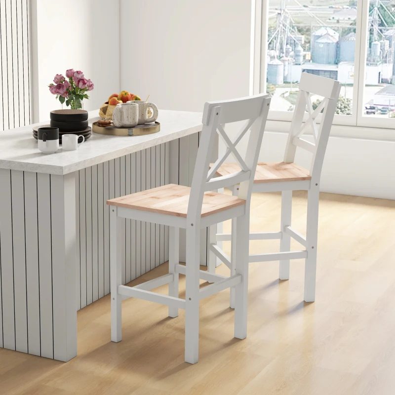 HOMCOM Lot de 2 tabourets de bar, chaises hautes campagne, dossier haut et repose-pieds, 41x46x97,5cm, blanc et bois naturel