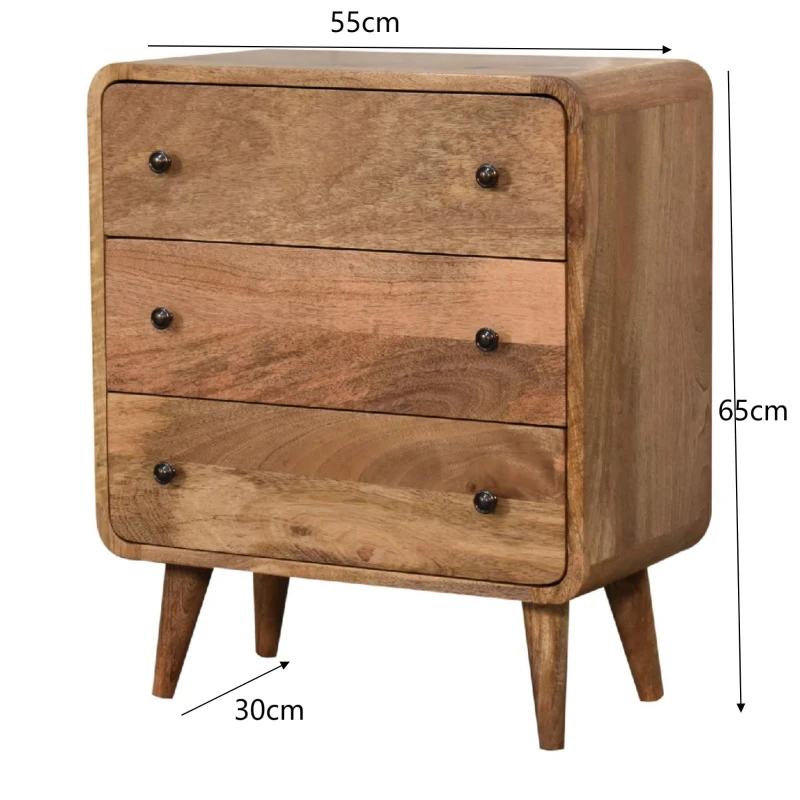 Solid Mango Wood Mini Curved Chest with 3 Drawers, Clear Natural Finish, Handcrafted Design with Secure Packaging, 30L x 55W x 65H cm, Brown