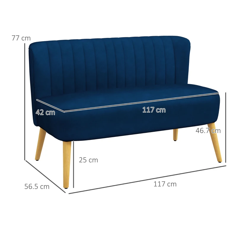 HOMCOM Canapea design retro 2 locuri, picioare din lemn, 117 cm x 56,5 cm x 77 cm, Albastru