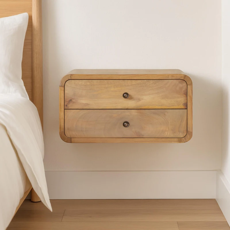 Solid Mango Wood Floating Bedside Unit with Smooth-Glide Drawers, Oak-ish Finish, Wall-Mounted Storage for Bedroom, 32L x 45W x 25H cm, Brown