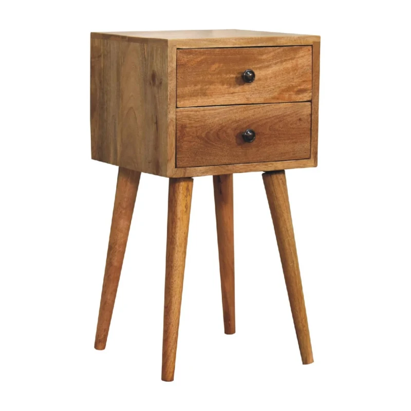 Solid Mango Wood Mini Bedside Table with 2 Smooth-Gliding Drawers, Hand-finished Desk with Grain Pattern, 30L x 30W x 57H cm, Brown