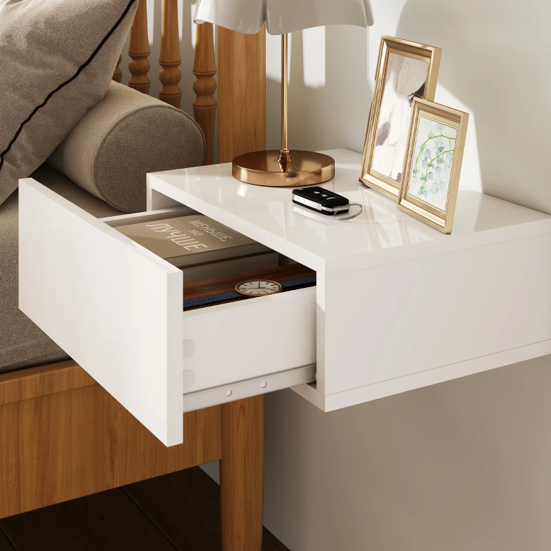 HOMCOM Juego de 2 Mesitas de Noche Flotantes con 1 Cajón Montado en la Pared Estilo Moderno para Dormitorio 40x30x15 cm Blanco