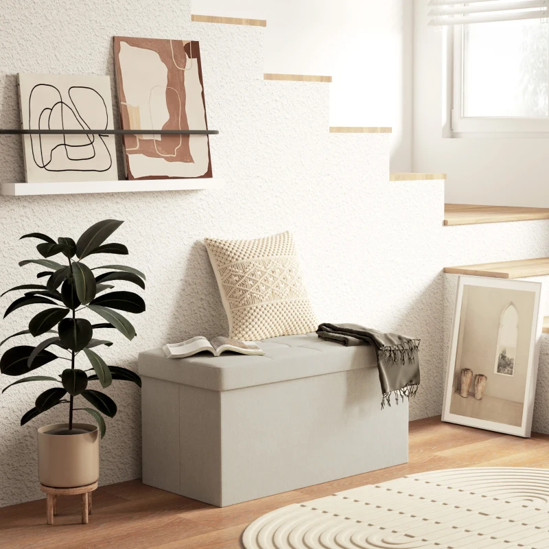 HOMCOM Banc de rangement pouf de rangement pliable bout de lit repose-pieds avec couvercle capitonnée 76L x 38l x 38H cm crème