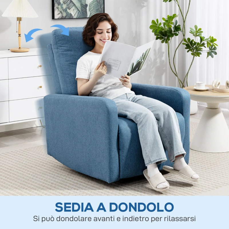 HOMCOM Poltrona Relax Reclinabile Manualmente a 135°, Girevole a 360° con Funzione Dondolo, Blu